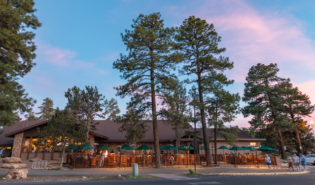 A view of Yavapai Lodge at sunset